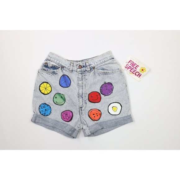 Vintage 70s Levis 25 Custom Painted Free Speech Cuffed Denim Jean Shorts USA